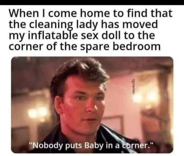 spicy memes and pics - photo caption - When I come home to find that the cleaning lady has moved my inflatable sex doll to the corner of the spare bedroom ngmemes "Nobody puts Baby in a corner."