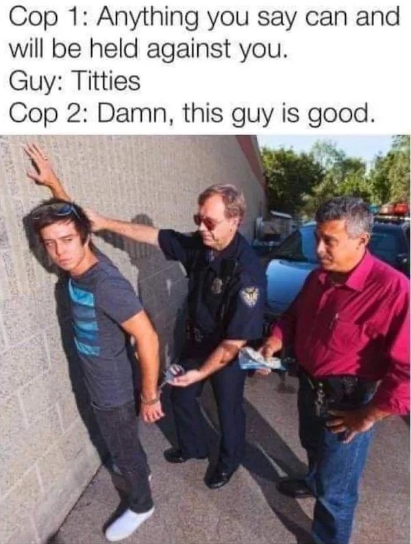 spicy memes and pics - photo caption - Cop 1 Anything you say can and will be held against you. Guy Titties Cop 2 Damn, this guy is good.