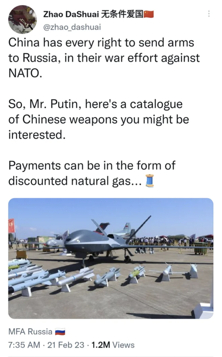 Fails and Facepalms - aviation - China has every right to send arms to Russia, in their war effort against Nato. So, Mr. Putin, here's a catalogue of Chinese weapons you might be interested. Payments can be in the form of discounted natural gas...