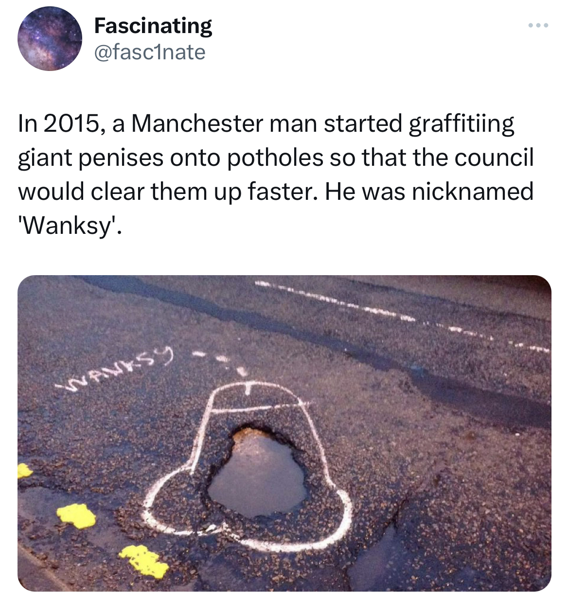 savage tweets - penis potholes - Fascinating In 2015, a Manchester man started graffitiing giant penises onto potholes so that the council would clear them up faster. He was nicknamed 'Wanksy'. Wanksy