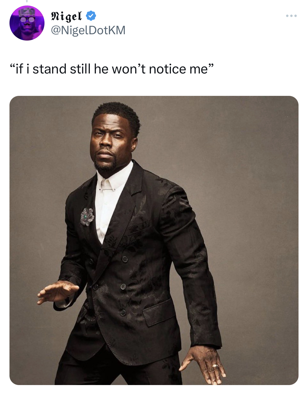Kevin Hart trending memes - kevin hart - Nigel "if i stand still he won't notice me"