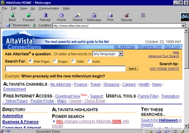 Internet artifacts - altavista search engine - AltaVista HomeNetscape Ele Edit View Go Communicator Help 3 a 4 Reload Home Search Netscape Print Bookmarks Location 2 Back Forward AltaVista The most powerful and useful guide to the Net Connections Ask Alta