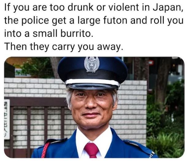 fascinating facts - photo caption - If you are too drunk or violent in Japan, the police get a large futon and roll you into a small burrito. Then they carry you away. yan9859 1140
