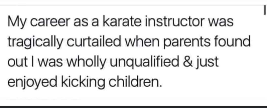 kicking kids meme - My career as a karate instructor was tragically curtailed when parents found out I was wholly unqualified & just enjoyed kicking children.