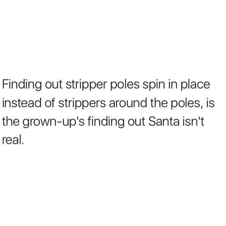 spicy memes - Humor - Finding out stripper poles spin in place instead of strippers around the poles, is the grownup's finding out Santa isn't real.
