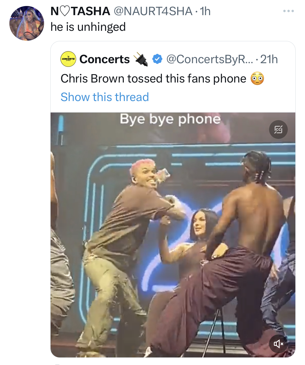 tweets roasting celebs - muscle - Notasha . 1h he is unhinged Concerts Chris Brown tossed this fans phone Show this thread .... 21h Bye bye phone Lel www