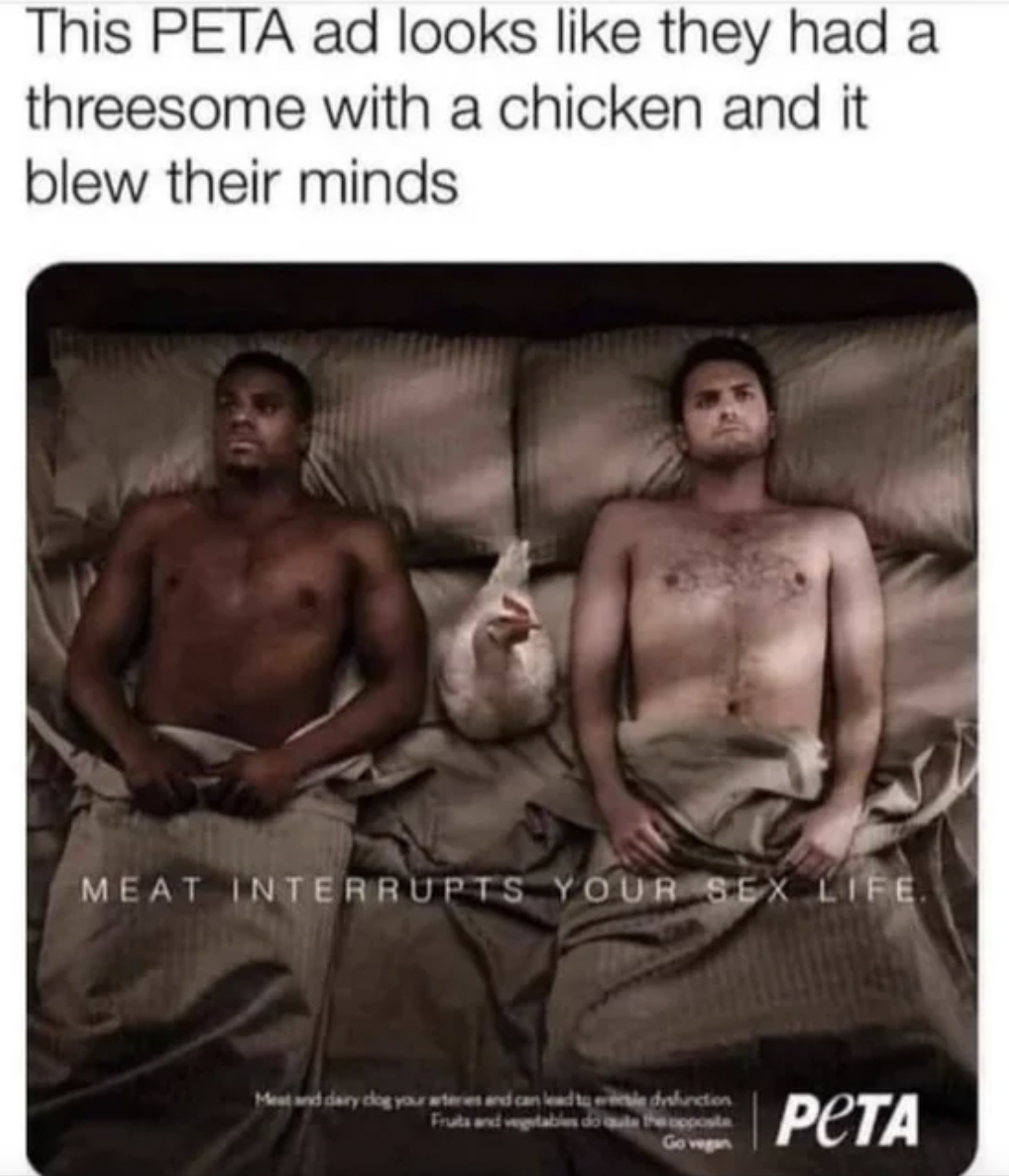 facepalms - peta chicken ad - This Peta ad looks they had a threesome with a chicken and it blew their minds Meat Interrupts Your Sex Life. Mtdary dig Frute and Inten Peopocate Go vegan Peta