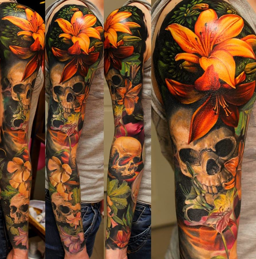 awesome tattoos - colorful flower sleeve tattoos for guys