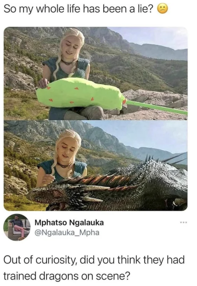 Cringe pics - lie meme - So my whole life has been a lie? Mphatso Ngalauka Out of curiosity, did you think they had trained dragons on scene?