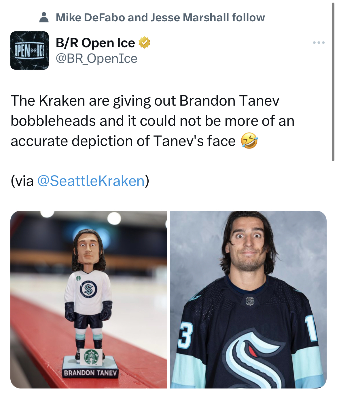 savage tweets - media - Mike DeFabo and Jesse Marshall BR Open Ice The Kraken are giving out Brandon Tanev bobbleheads and it could not be more of an accurate depiction of Tanev's face via Brandon Tanev 3
