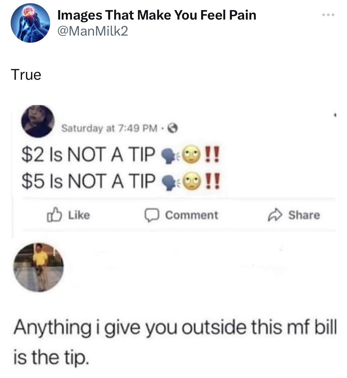 savage tweets - 2 dollars is not a tip - True Images That Make You Feel Pain Saturday at $2 Is Not A Tip $5 Is Not A Tip !! Comment Anything i give you outside this mf bill is the tip.