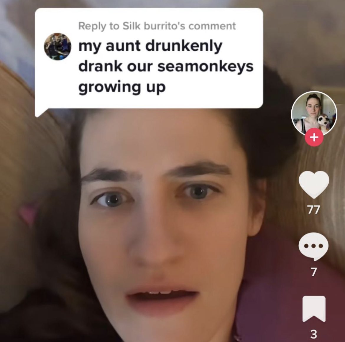 TikTok screenshots - eyelash - to Silk burrito's comment my aunt drunkenly drank our seamonkeys growing up 77 7 3