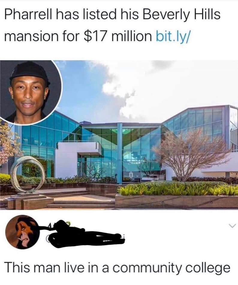 Rare insults - pharrell this man live in a community college reddit - Pharrell has listed his Beverly Hills mansion for $17 million bit.ly This man live in a community college