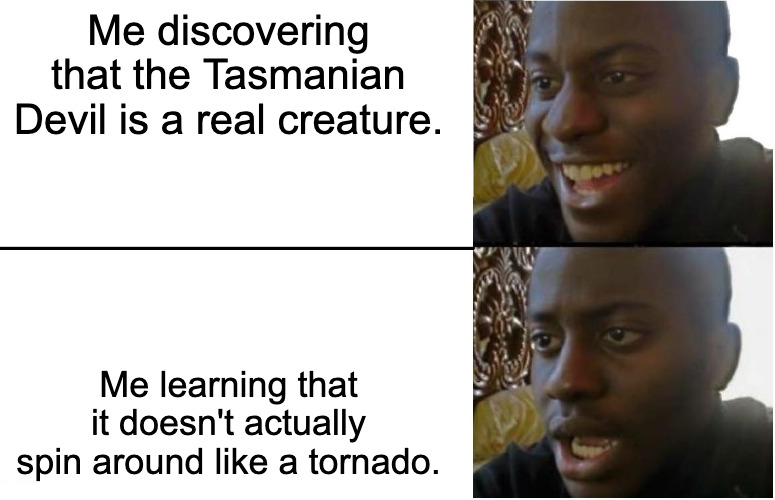 dank memes - work from home vs work from office meme - Me discovering that the Tasmanian Devil is a real creature. Me learning that it doesn't actually spin around a tornado. Noor