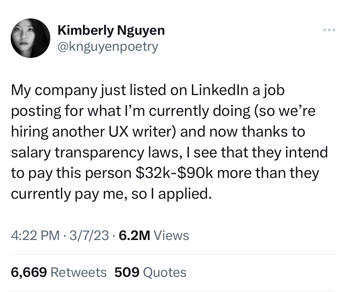 funny tweets - Internet meme - Kimberly Nguyen My company just listed on LinkedIn a job posting for what I'm currently doing so we're hiring another Ux writer and now thanks to salary transparency laws, I see that they intend to pay this person $32k$90k m