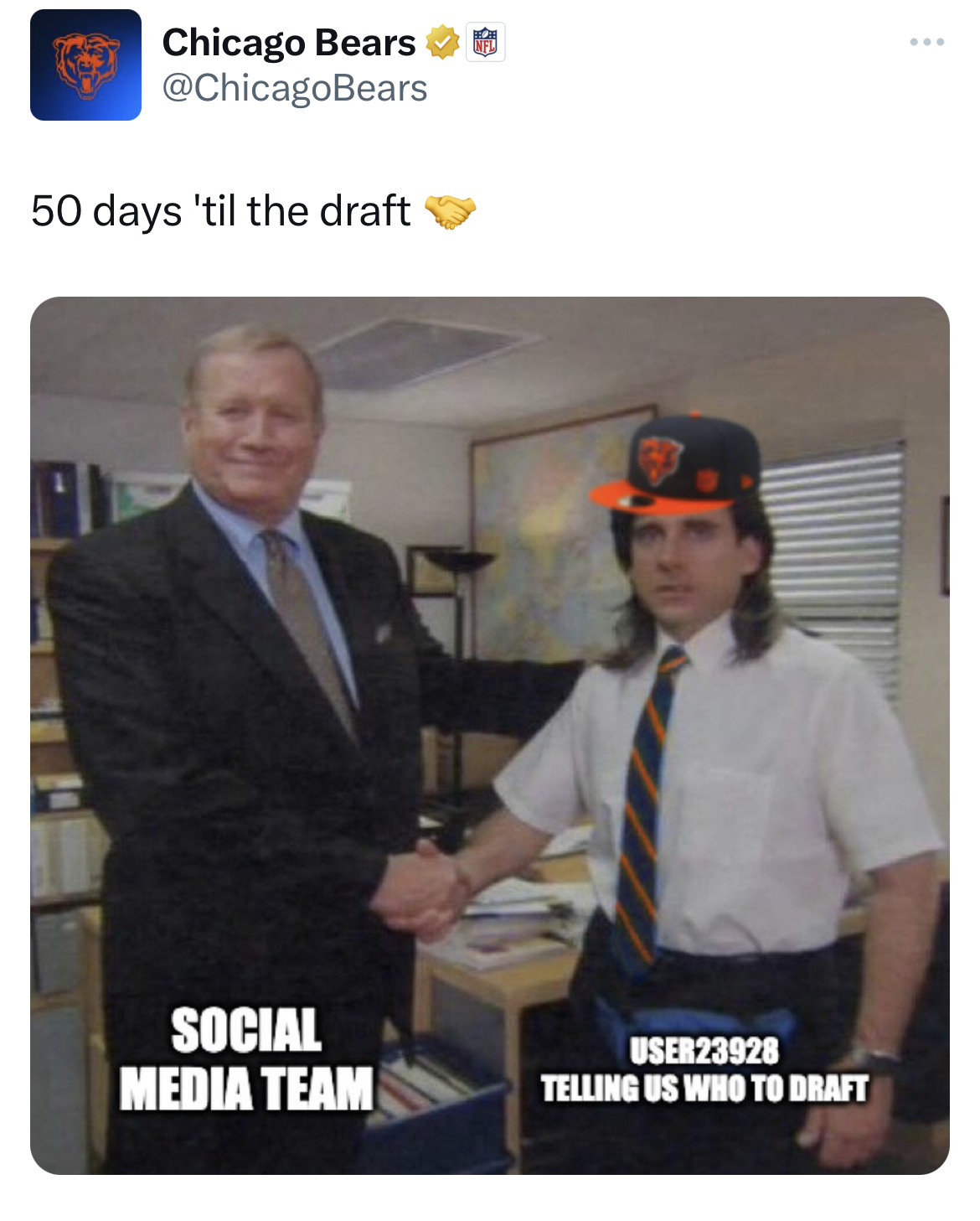 funny tweets - michael scott ed truck - Chicago Bears Bears 50 days 'til the draft Social Media Team USER23928 Telling Us Who To Draft