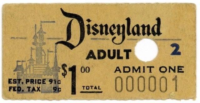 fascinating photos throughout history disneyland opening day - Disneyland Adult T$ 00 Est. Price 91c Fed. Tax 9c Total 2 Admit One 000001