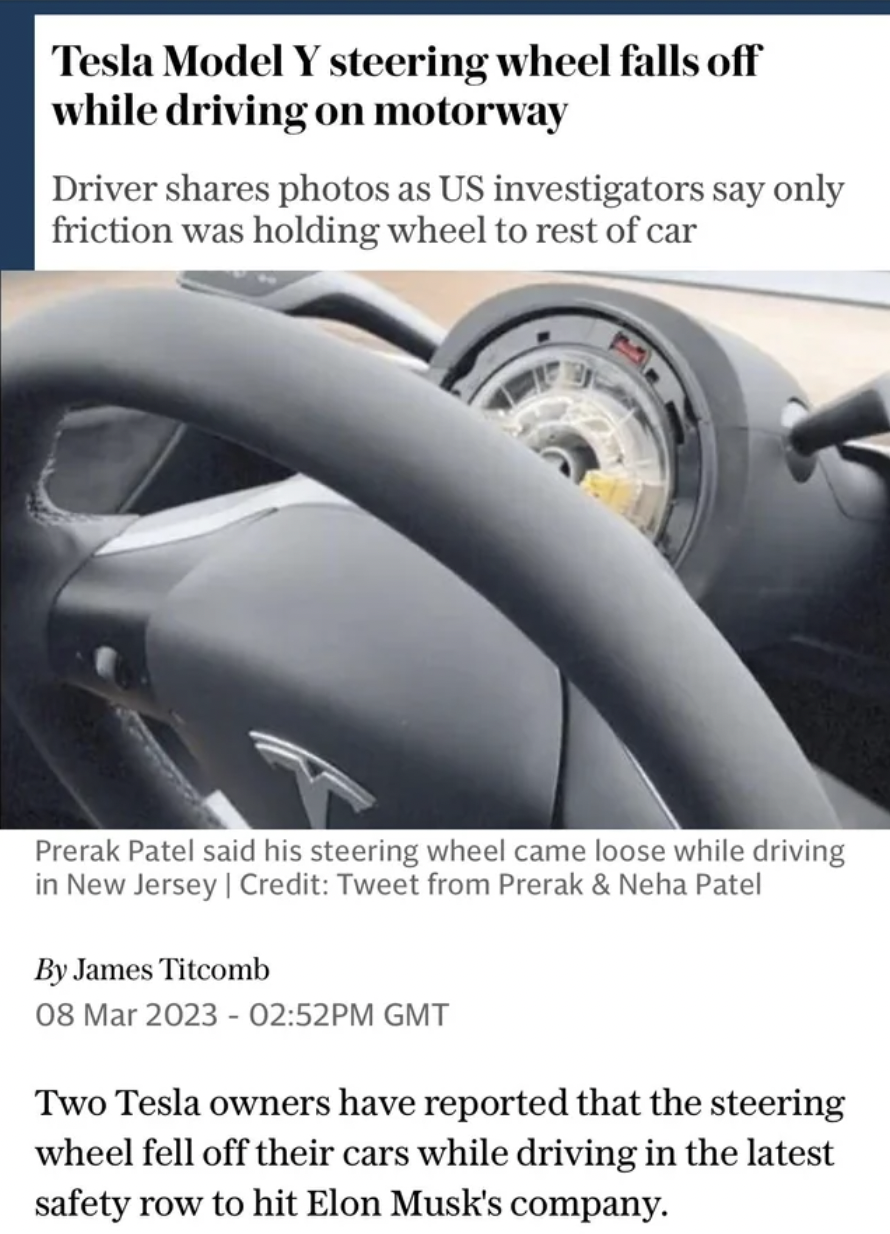funny fails - tesla steering wheel falls off - Tesla Model Y steering wheel falls off while driving on motorway Driver photos as Us investigators say only friction was holding wheel to rest of car