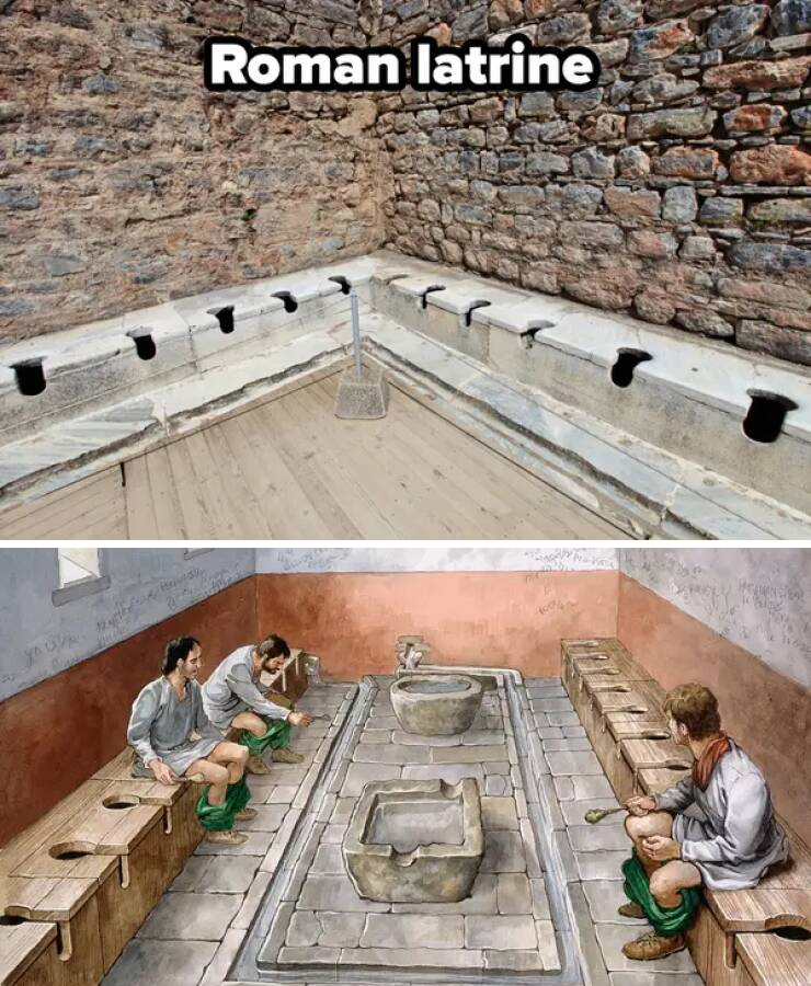fascinating photos - ancient romans used urine mouthwash - Roman latrine Fra Constr