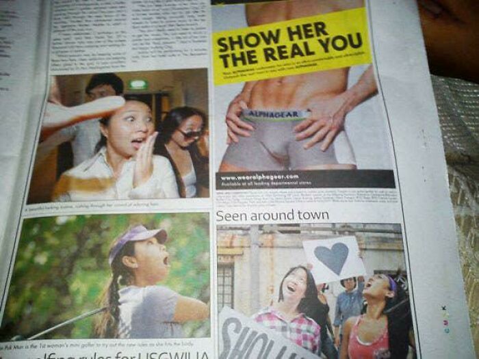 newspaper ad fail - Mu is the lit woman's m I.C. hede les for! Iscwilia Show Her The Real You Alphagear at Seen around town Show