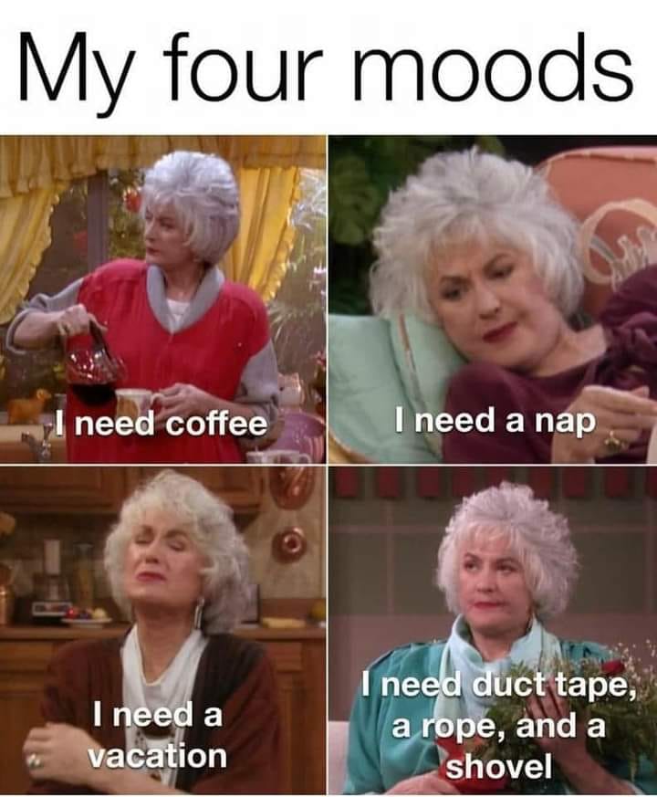 funny memes and pics - my four moods meme golden girls - My four moods I need coffee I need a vacation I need a nap I need duct tape, a rope, and a shovel
