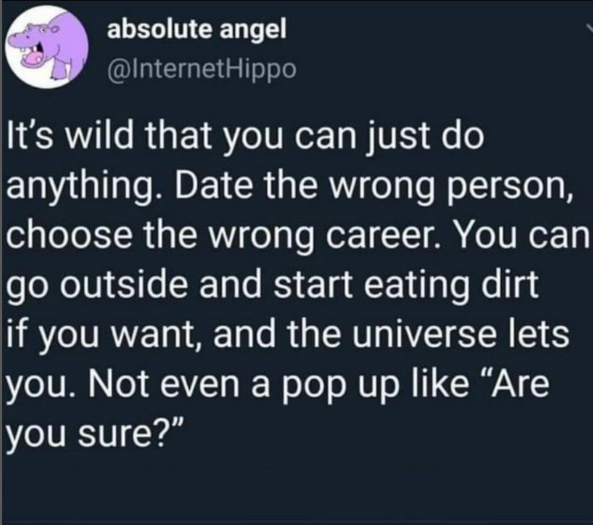 funny memes and pics - funny - absolute angel It's wild that you can just do anything. Date the wrong person, choose the wrong career. You can go outside and start eating dirt if you want, and the universe lets you. Not even a pop up "Are you sure?"