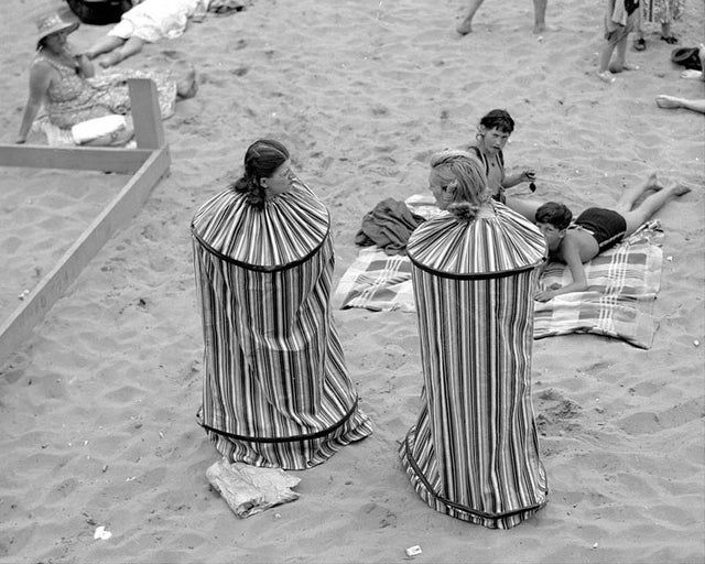 1930's portable changing rooms on the beach.