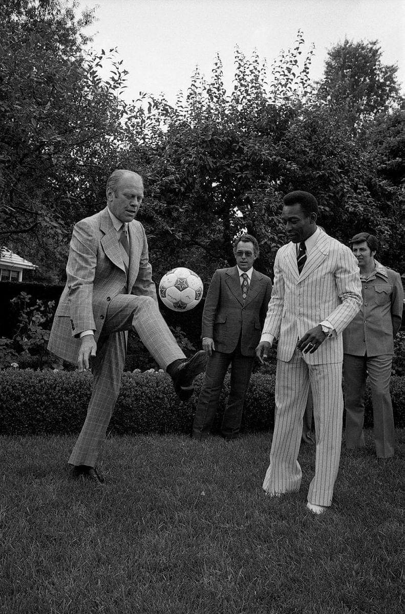 1975, Gerald Ford and Pele play soccer at the White House.