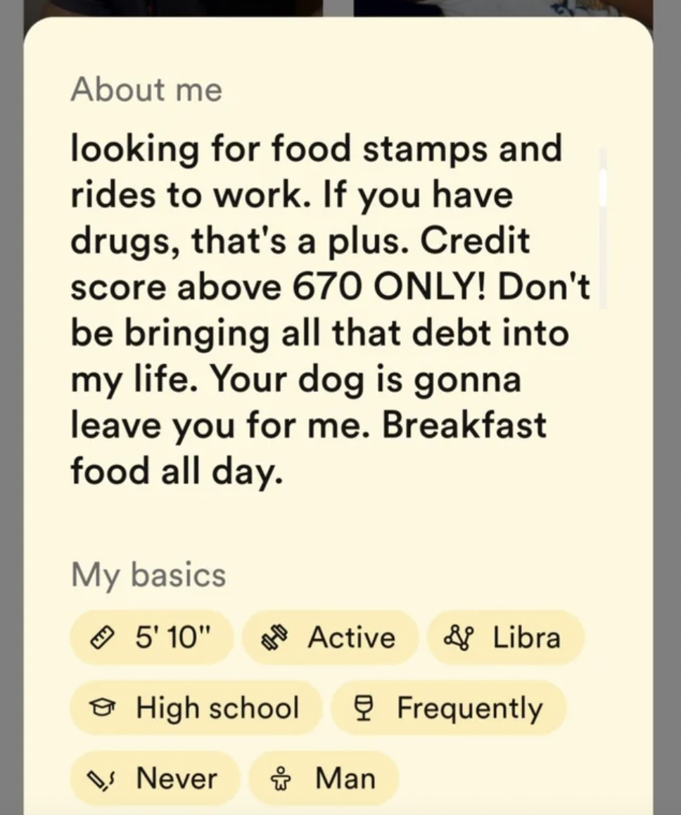 Trashy Fails - paper - About me looking for food stamps and rides to work. If you have drugs, that's a plus. Credit score above 670 Only! Don't be bringing all that debt into my life. Your dog is gonna leave you for me. Breakfast food all day. My basics 5