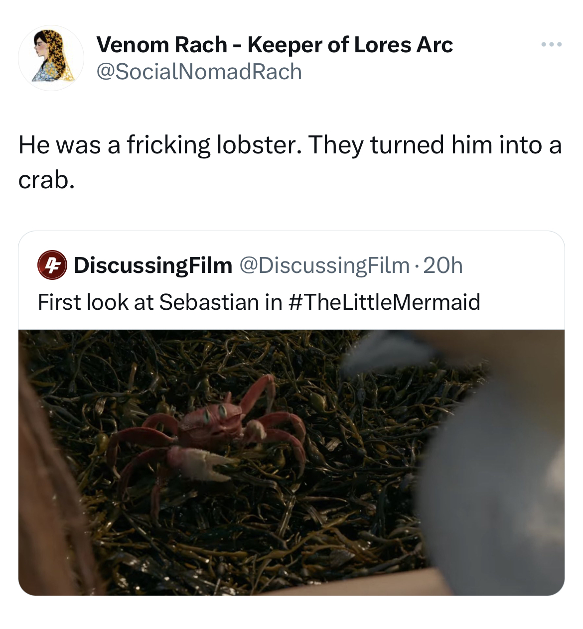 savage tweets - fauna - Venom Rach Keeper of Lores Arc He was a fricking lobster. They turned him into a crab. Discussing Film 20h First look at Sebastian in Little Mermaid