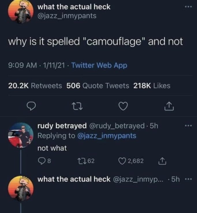 camouflage spelled - what the actual heck why is it spelled "camouflage" and not 11121. Twitter Web App 506 Quote Tweets rudy betrayed . 5h not what 98 what the actual heck ... .5h 1762 2,682