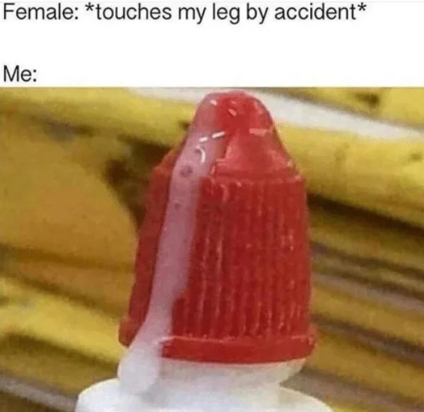 spicy sex meems - leaking glue meme - Female touches my leg by accident Me
