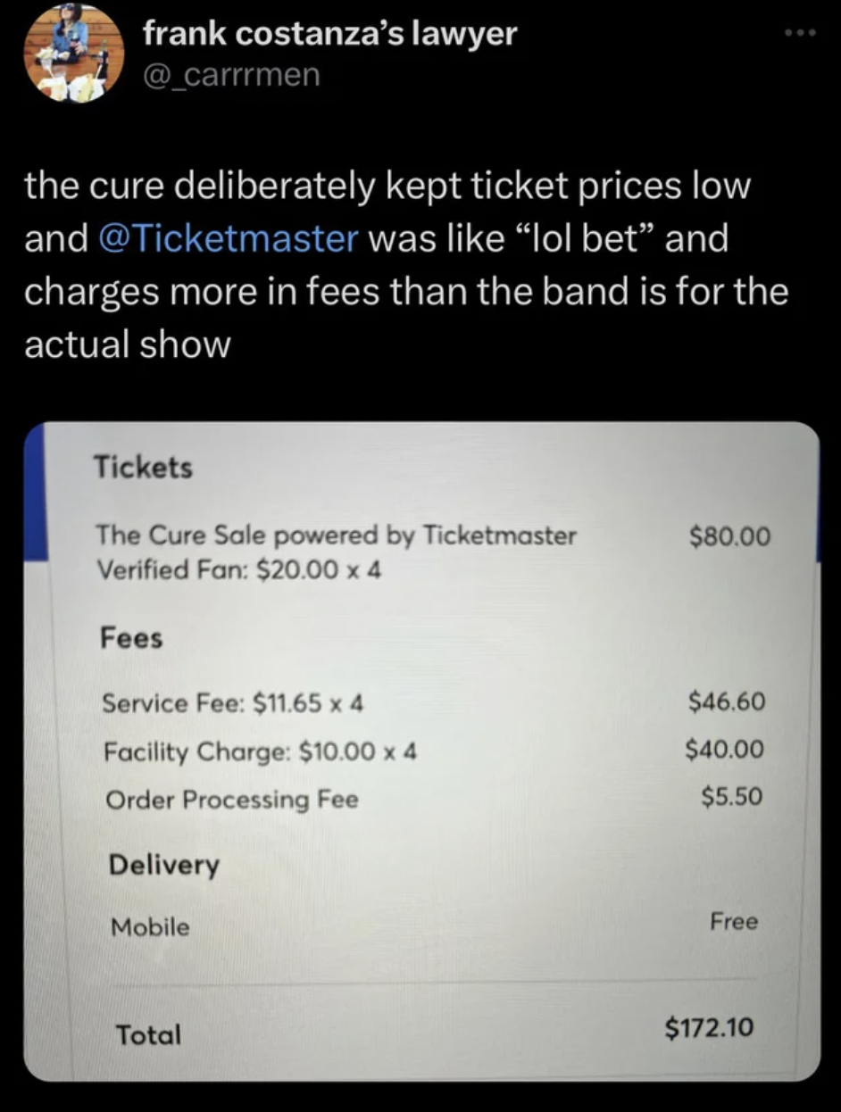 facepalms - software - frank costanza's lawyer the cure deliberately kept ticket prices low and was