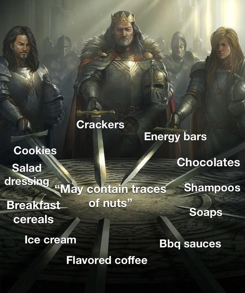 dank memes - dark souls 4 meme - Cookies Salad dressing Breakfast cereals Crackers "May contain traces of nuts" Ice cream Energy bars Flavored coffee Chocolates Shampoos Soaps Bbq sauces