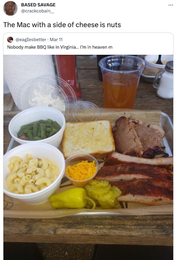 monday morning randomness - ritzy bs decatur tx - Based Savage The Mac with a side of cheese is nuts . Mar 11 Nobody make Bbq in Virginia... I'm in heaven rn