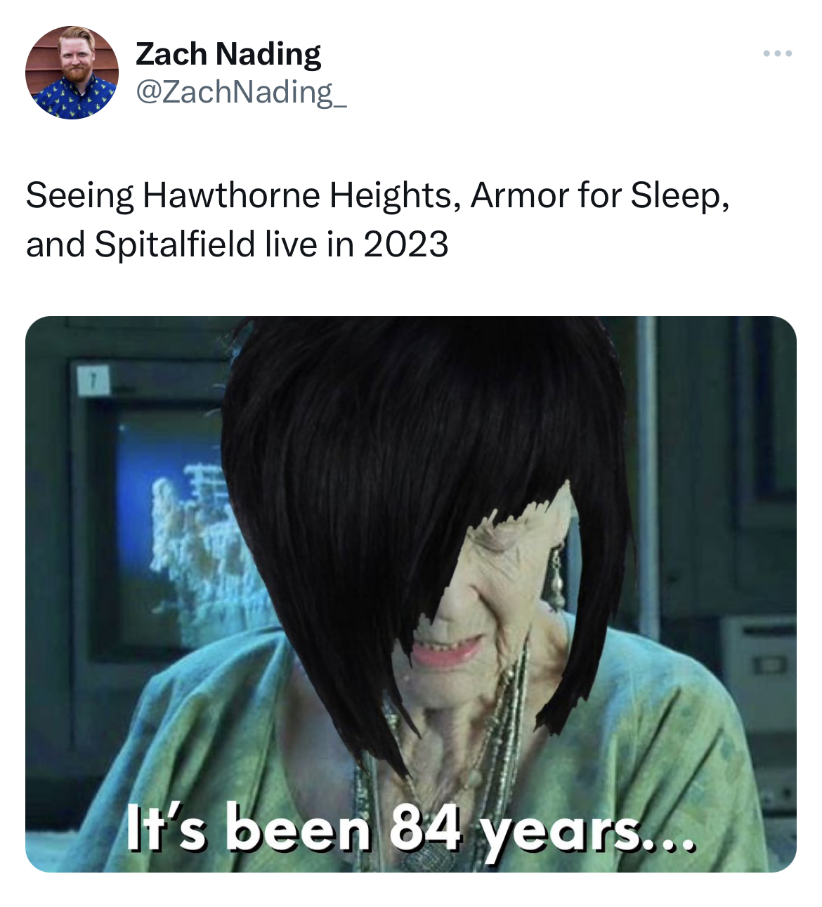 savage tweets - photo caption - Zach Nading Seeing Hawthorne Heights, Armor for Sleep, and Spitalfield live in 2023 It's been 84 years...