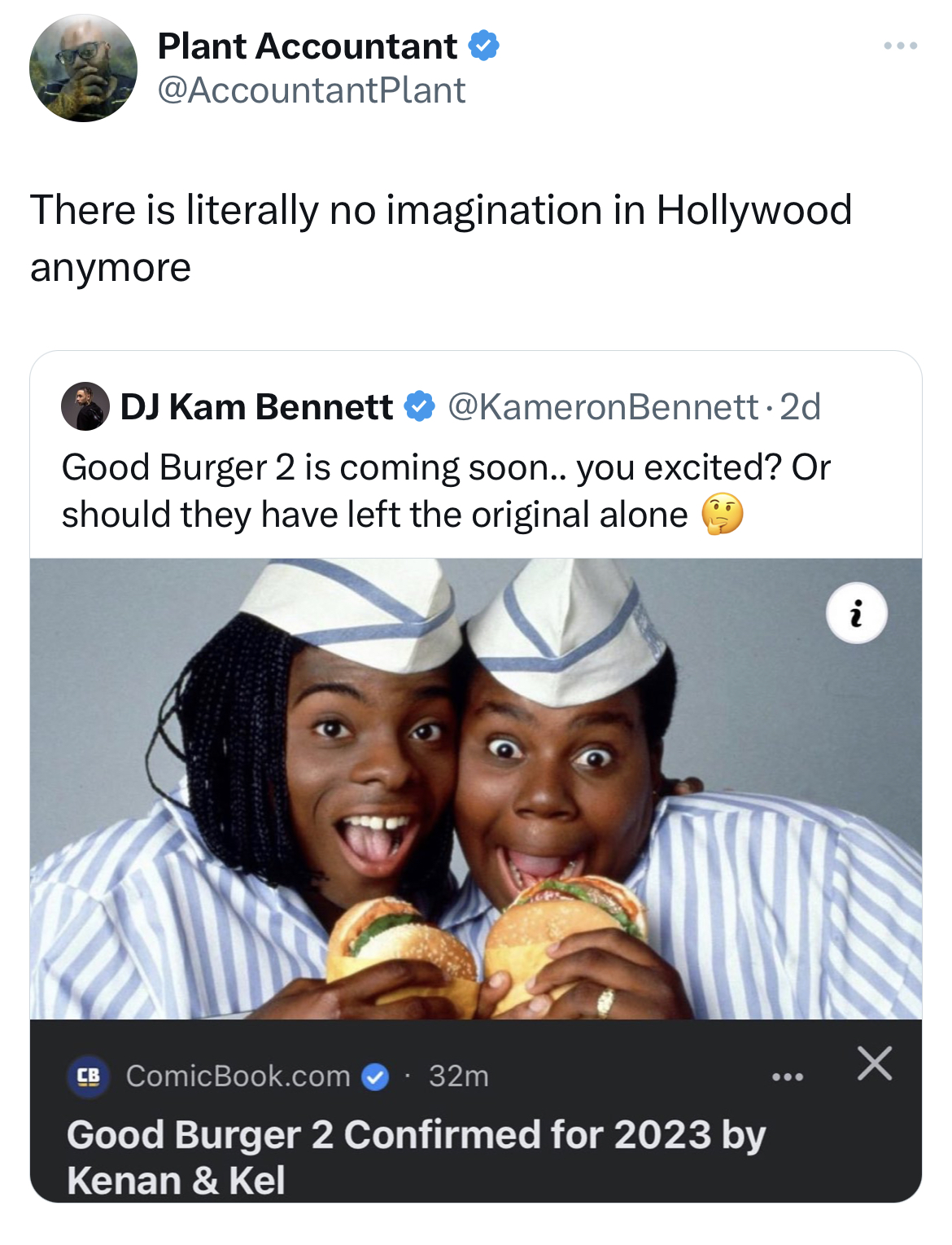 savage tweets - fat good burger movie - Plant Accountant There is literally no imagination in Hollywood anymore Dj Kam Bennett Good Burger 2 is coming soon.. you excited? Or should they have left the original alone Cb ComicBook.com 32m Good Burger 2 Confi