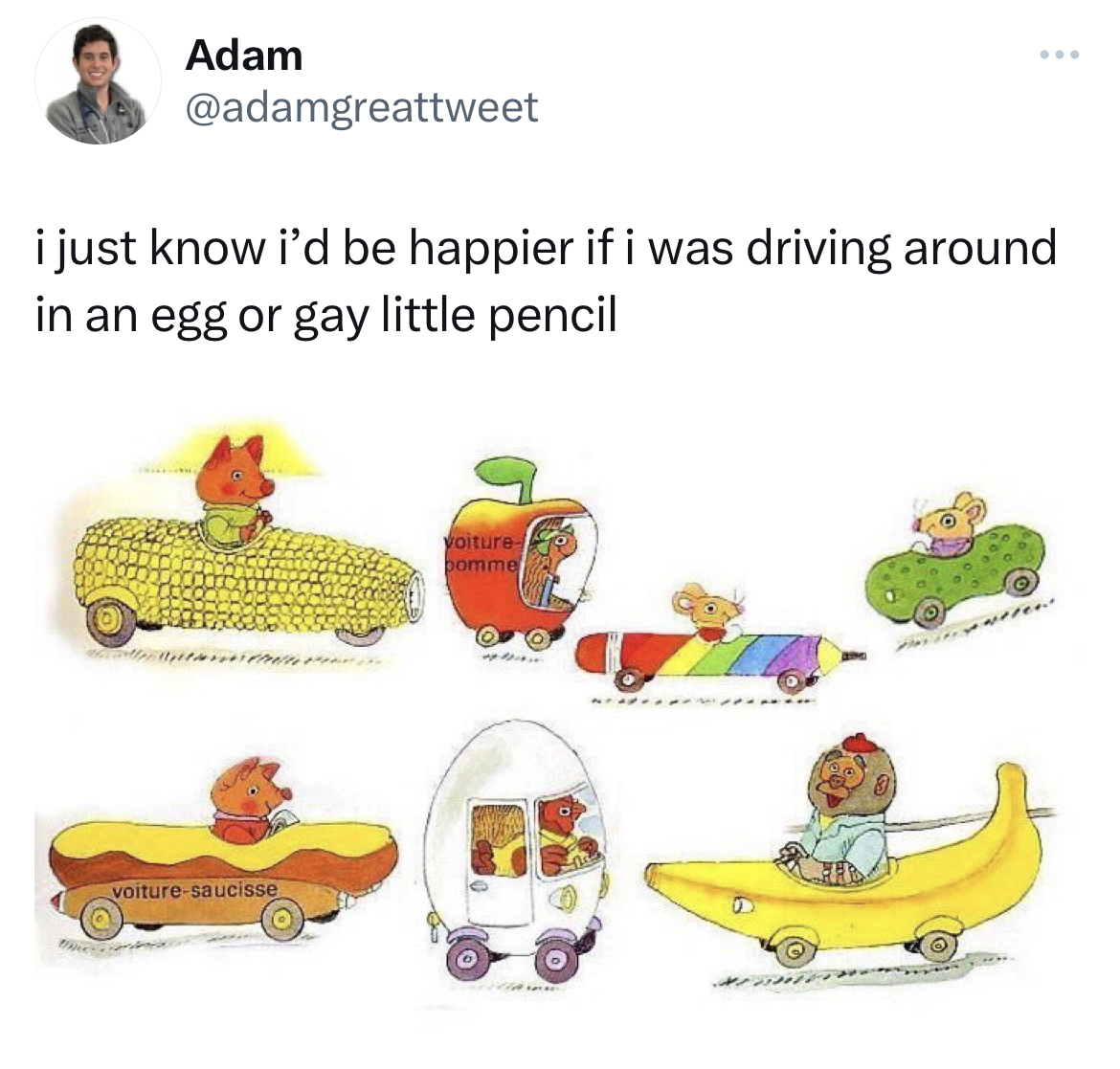 savage tweets - pig in car richard scarry - Adam i just know i'd be happier if i was driving around in an egg or gay little pencil voituresaucisse voiture pomme