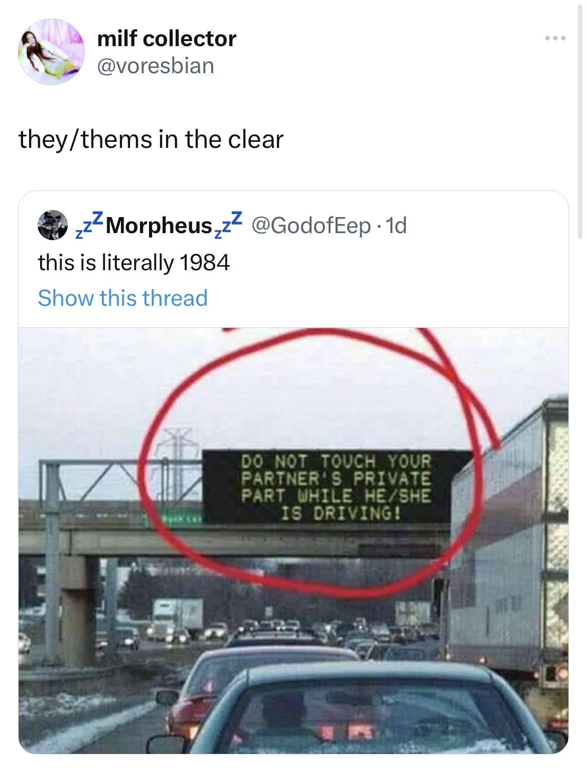 savage tweets - brighton beach - milf collector theythems in the clear zMorpheus,zz this is literally 1984 Show this thread Do Not Touch Your Partner'S Private Part While HeShe Is Driving!