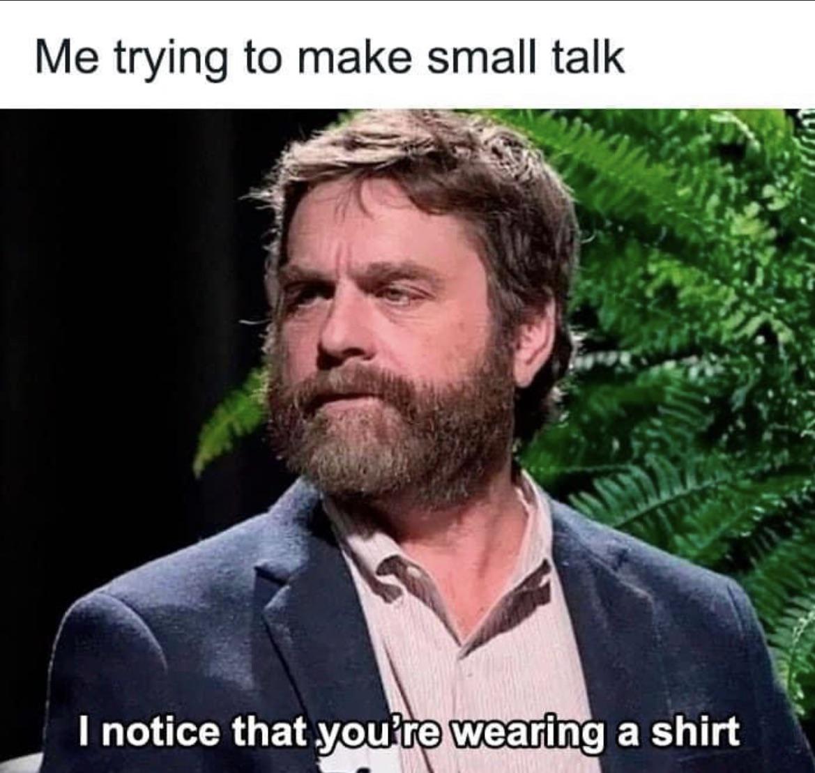 funny memes - zach galifianakis between two ferns - Me trying to make small talk I notice that you're wearing a shirt