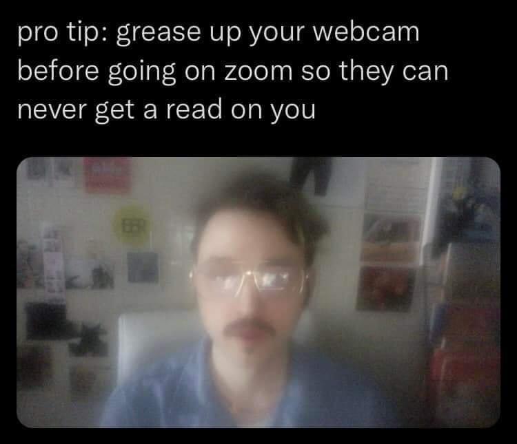 funny tweets and memes - photo caption - pro tip grease up your webcam before going on zoom so they can never get a read on you 71