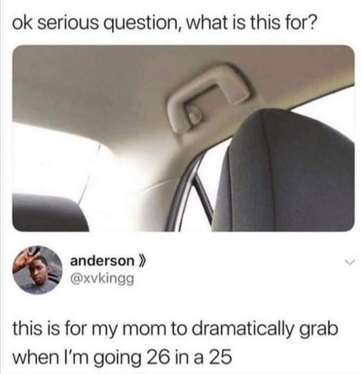 cool random pics and memes - car handle meme - ok serious question, what is this for? anderson >> this is for my mom to dramatically grab when I'm going 26 in a 25