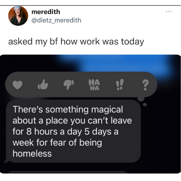cool random pics and memes - Funny meme - meredith asked my bf how work was today Ha Ha 9' There's something magical about a place you can't leave for 8 hours a day 5 days a week for fear of being homeless ? ...