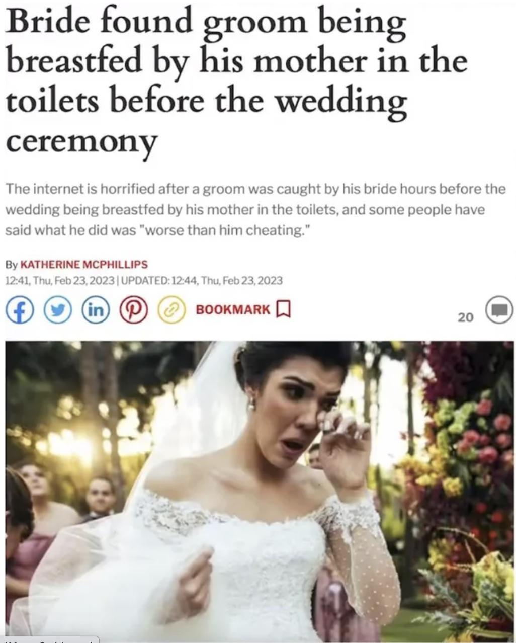 Facepalms and Cringe Pics - groom being breastfed by mother - Bride found groom being breastfed by his mother in the toilets before the wedding ceremony The internet is horrified after a groom was caught by his bride hours before the wedding being breastf