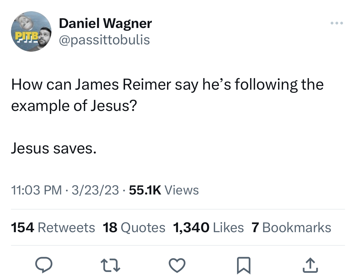 Savage and Unhinged tweets Jane Manchun Wong - Daniel Wagner Pitb How can James Reimer say he's ing the example of Jesus? Jesus saves. 32323 Views 154 18 Quotes 1,340 7 Bookmarks