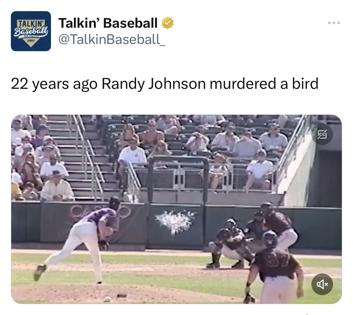 Savage and Unhinged tweets randy johnson hits bird - Talkin Talkin' Baseball Baseball 22 years ago Randy Johnson murdered a bird www Fe