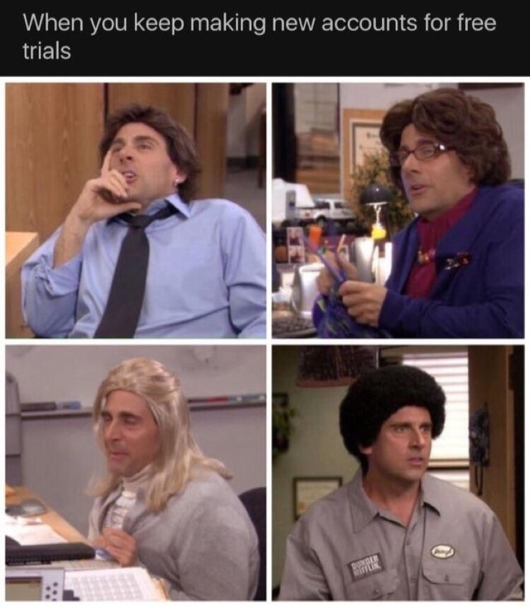 office memes - free trial meme - When you keep making new accounts for free trials Dunder Mifflin