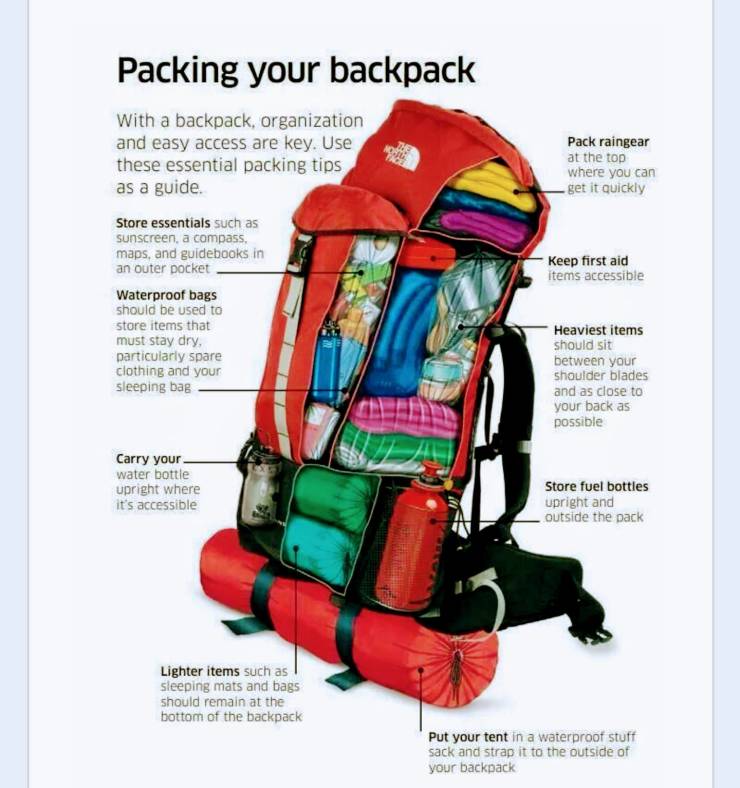 infographs and charts -packing hiking bag - Packing your backpack With a backpack, organization and easy access are key. Use these essential packing tips as a guide. Store essentials such as sunscreen, a compass, maps, and guidebooks in an outer pocket Wa