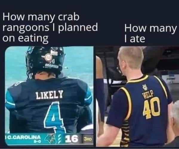 player - How many crab rangoons I planned on eating ly 4 Jc.Carolina 16 3RD How many I ate a Welp 40