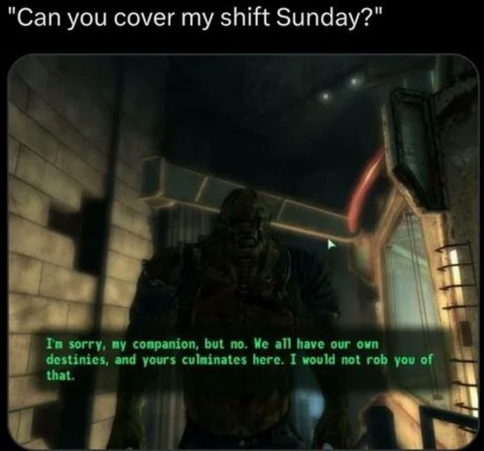 gaming memes for all - i m sorry my companion but no - "Can you cover my shift Sunday?" I'm sorry, my companion, but no. We all have our own destinies, and yours culminates here. I would not rob you of that.